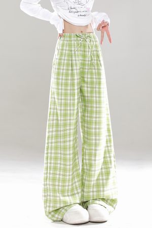 Wide-Leg Plaid Casual Pants for Women - Spring Summer Loose BF Style, Draping Straight Long Trousers, Trendy 90s Inspired