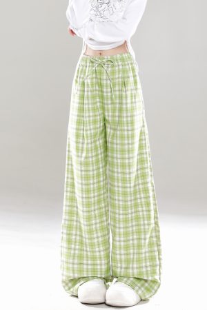 Wide-Leg Plaid Casual Pants for Women - Spring Summer Loose BF Style, Draping Straight Long Trousers, Trendy 90s Inspired