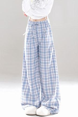 Wide-Leg Plaid Casual Pants for Women - Spring Summer Loose BF Style, Draping Straight Long Trousers, Trendy 90s Inspired