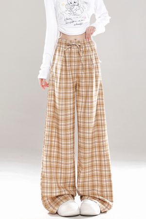 Wide-Leg Plaid Casual Pants for Women - Spring Summer Loose BF Style, Draping Straight Long Trousers, Trendy 90s Inspired