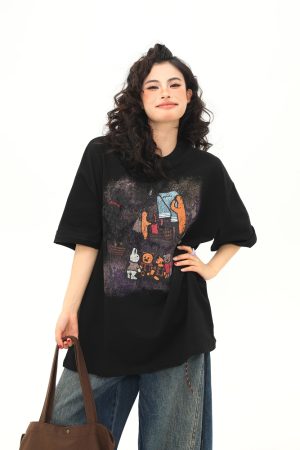 Wild A-Zi Short Sleeve T-Shirt for Women with American Vintage Cartoon Print - Casual Loose-Fit Round Neck Top for Trendy Style