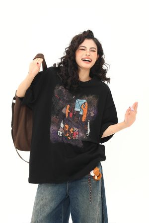 Wild A-Zi Short Sleeve T-Shirt for Women with American Vintage Cartoon Print - Casual Loose-Fit Round Neck Top for Trendy Style