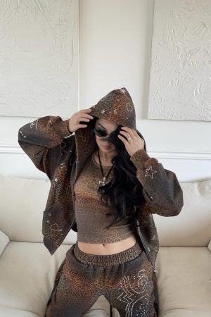Wild Y2K Leopard Print Vest Hoodie and Pants Set for Trendy Streetwear Style