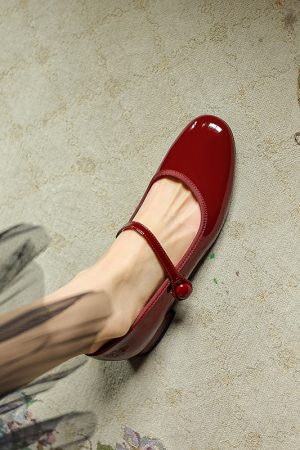 Wine Red French-Style Mary Jane Shoes for Women, Low-Heeled Flats, Chinese Artistic Design, Sweet Wedding Footwear