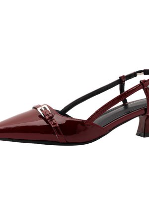 Wine Red Patent Leather Cat Heel Sandals - Vintage Closed Toe, Pointed Toe Design, Italian Style Low Heels