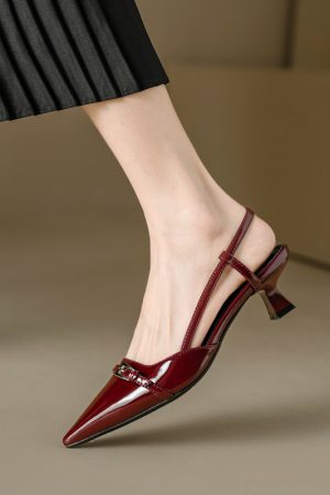 Wine Red Patent Leather Cat Heel Sandals - Vintage Closed Toe, Pointed Toe Design, Italian Style Low Heels