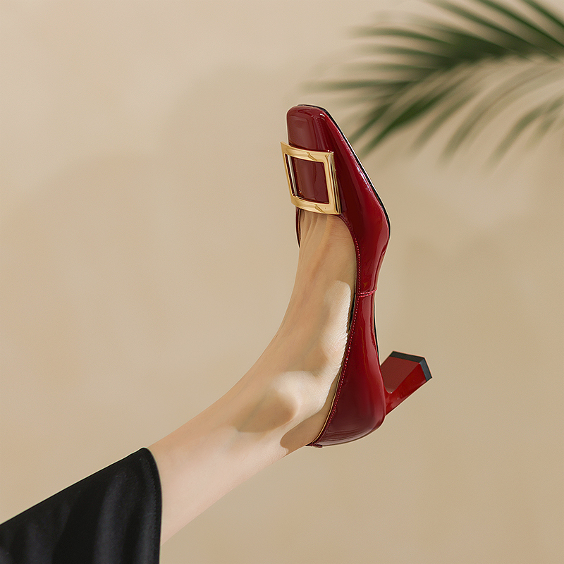 Wine Red Patent Leather High Heels for Women - Chunky Heel, Shallow Mouth, Square Buckle - Stylish Italian Design Wine Red Patent Leather High Heels for Women - Chunky Heel, Shallow Mouth, Square Buckle - Stylish Italian Design