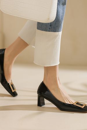 Wine Red Patent Leather High Heels for Women - Chunky Heel, Shallow Mouth, Square Buckle - Stylish Italian Design