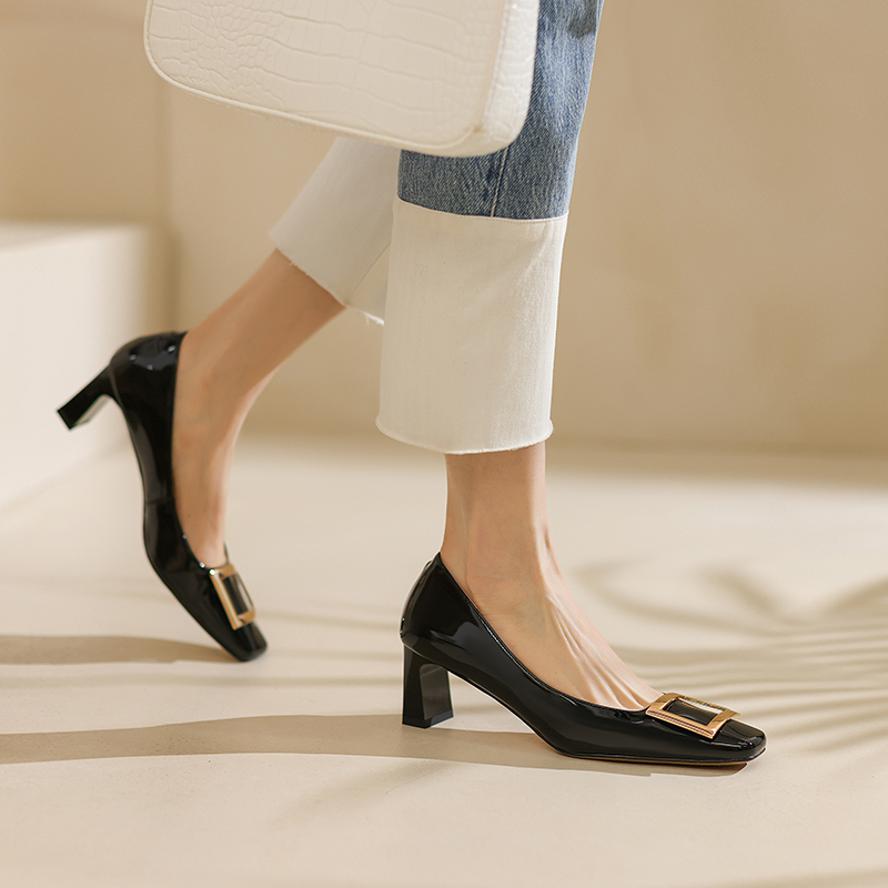 Wine Red Patent Leather High Heels for Women - Chunky Heel, Shallow Mouth, Square Buckle - Stylish Italian Design Wine Red Patent Leather High Heels for Women - Chunky Heel, Shallow Mouth, Square Buckle - Stylish Italian Design