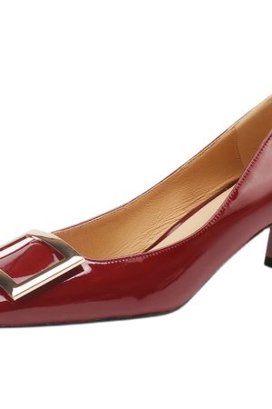 Wine Red Patent Leather High Heels for Women - Chunky Heel, Shallow Mouth, Square Buckle - Stylish Italian Design