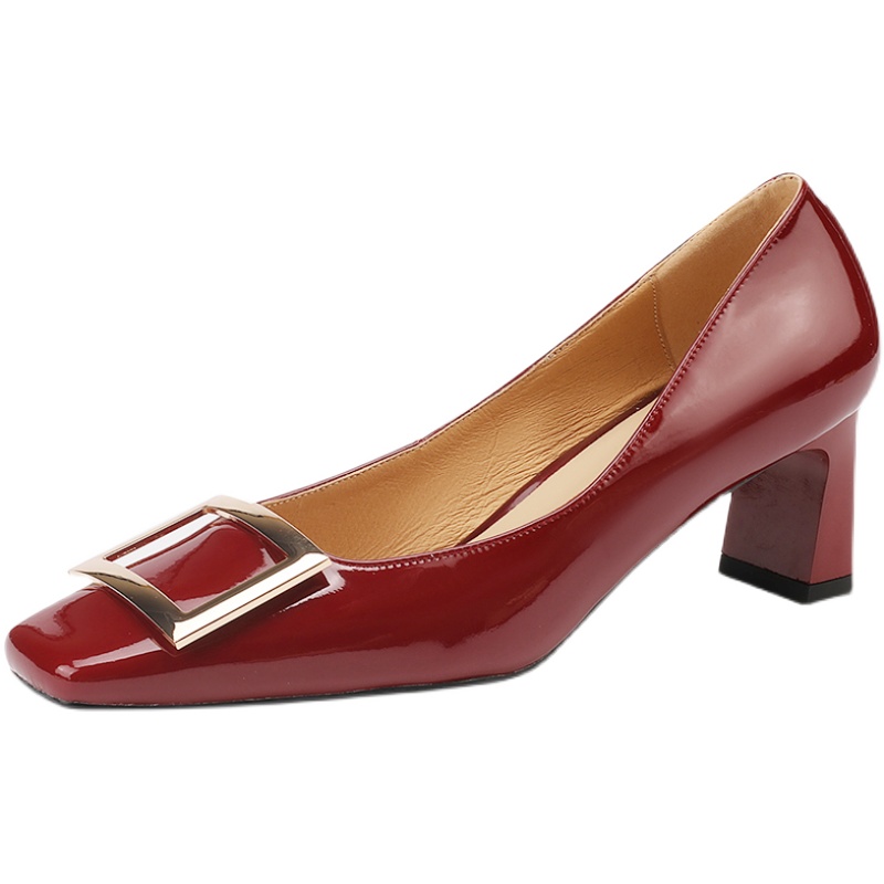 Wine Red Patent Leather High Heels for Women - Chunky Heel, Shallow Mouth, Square Buckle - Stylish Italian Design Wine Red Patent Leather High Heels for Women - Chunky Heel, Shallow Mouth, Square Buckle - Stylish Italian Design