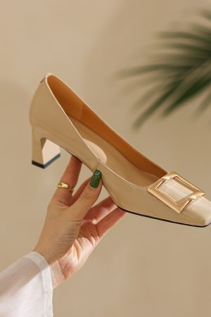 Wine Red Patent Leather High Heels for Women - Chunky Heel, Shallow Mouth, Square Buckle - Stylish Italian Design