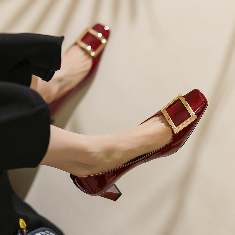 Wine Red Patent Leather High Heels for Women - Chunky Heel, Shallow Mouth, Square Buckle - Stylish Italian Design Wine Red Patent Leather High Heels for Women - Chunky Heel, Shallow Mouth, Square Buckle - Stylish Italian Design