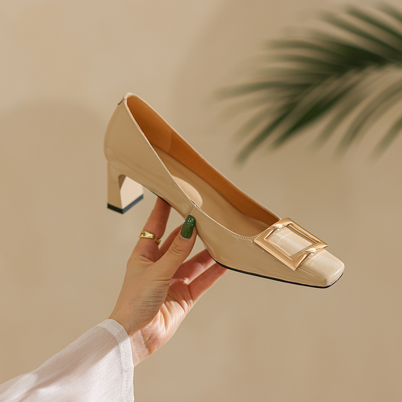 Wine Red Patent Leather High Heels for Women - Chunky Heel, Shallow Mouth, Square Buckle - Stylish Italian Design Wine Red Patent Leather High Heels for Women - Chunky Heel, Shallow Mouth, Square Buckle - Stylish Italian Design