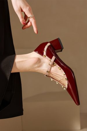 Wine Red Patent Leather Studded Pointed Toe Lolita Mid-Heel Shoes â€“ Vintage Italian Style, Y2K Inspired Footwear