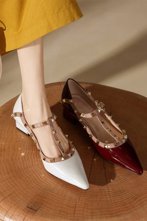 Wine Red Patent Leather Studded Pointed Toe Lolita Mid-Heel Shoes â€“ Vintage Italian Style, Y2K Inspired Footwear