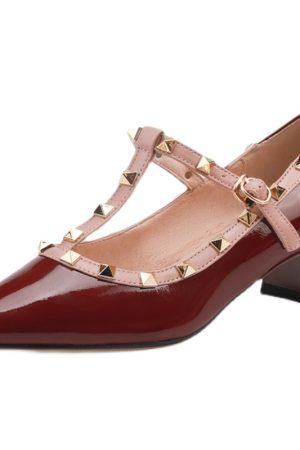 Wine Red Patent Leather Studded Pointed Toe Lolita Mid-Heel Shoes â€“ Vintage Italian Style, Y2K Inspired Footwear