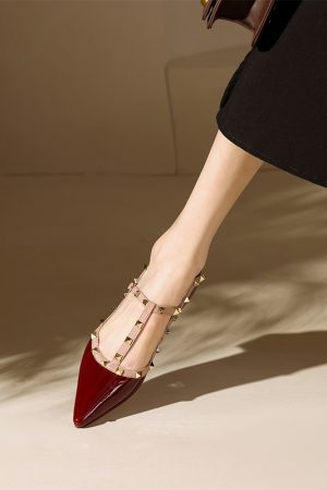 Wine Red Patent Leather Studded Pointed Toe Lolita Mid-Heel Shoes â€“ Vintage Italian Style, Y2K Inspired Footwear