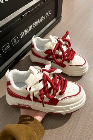 Wine Red Women's Sneakers - Summer Mesh Breathable Thick-Soled Board Shoes - Trendy Casual Style for Women