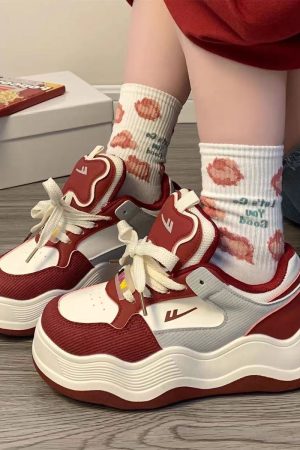 Wine Red Women's Sneakers - Summer Mesh Breathable Thick-Soled Board Shoes - Trendy Casual Style for Women