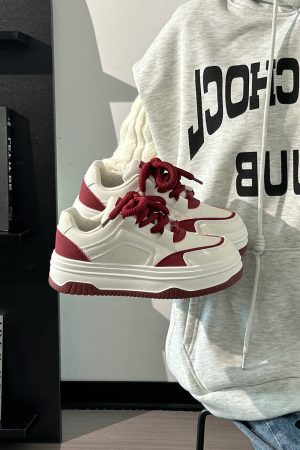 Wine Red Women's Sneakers - Summer Mesh Breathable Thick-Soled Board Shoes - Trendy Casual Style for Women