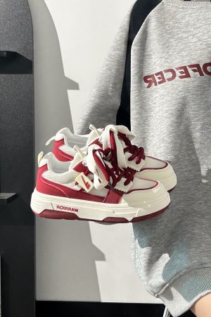 Wine Red Women's Sneakers - Summer Mesh Breathable Thick-Soled Board Shoes - Trendy Casual Style for Women