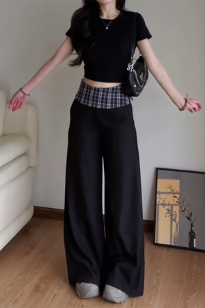 Women's 2025 American Retro Plaid Patchwork Cargo Pants - Loose Wide-Leg Casual Trousers for Y2K and Vintage Style