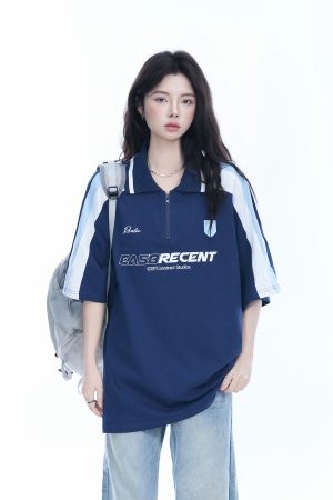 Women's American College Style Half-Zip Collar Short Sleeve T-Shirt - Loose Fit Summer Sports Top