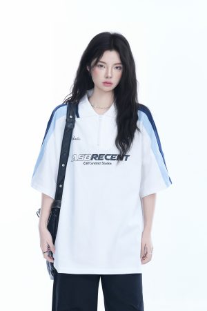 Women's American College Style Half-Zip Collar Short Sleeve T-Shirt - Loose Fit Summer Sports Top