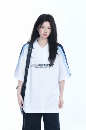 Women's American College Style Half-Zip Collar Short Sleeve T-Shirt - Loose Fit Summer Sports Top