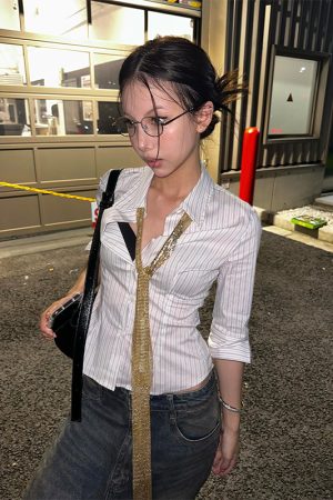 Women's American College Style Striped Mid-Sleeve Lapel Shirt Jacket - Slim Fit Trendy Spring Top