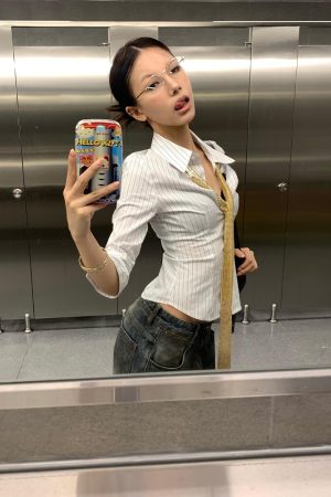 Women's American College Style Striped Mid-Sleeve Lapel Shirt Jacket - Slim Fit Trendy Spring Top