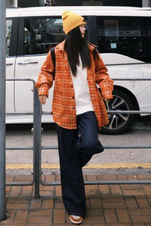 Women's American Plaid Long Sleeve Shirt with Polo Collar, Loose Casual Spring Jacket for Sun Protection, Couples Style