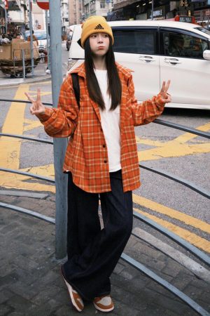 Women's American Plaid Long Sleeve Shirt with Polo Collar, Loose Casual Spring Jacket for Sun Protection, Couples Style