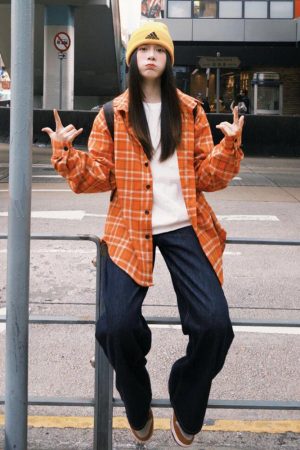 Women's American Plaid Long Sleeve Shirt with Polo Collar, Loose Casual Spring Jacket for Sun Protection, Couples Style