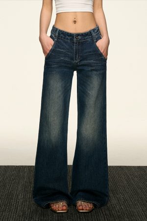Women's American Retro Blue Flared Jeans - Loose Straight Wide-Leg Pants for Spring 2025, Trendy Korean Style