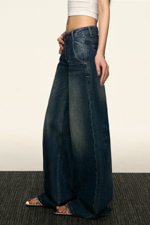 Women's American Retro Blue Flared Jeans - Loose Straight Wide-Leg Pants for Spring 2025, Trendy Korean Style