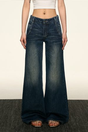 Women's American Retro Blue Flared Jeans - Loose Straight Wide-Leg Pants for Spring 2025, Trendy Korean Style