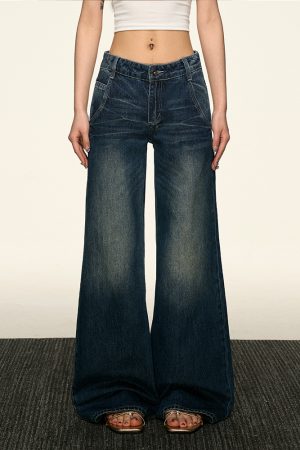 Women's American Retro Blue Flared Jeans - Loose Straight Wide-Leg Pants for Spring 2025, Trendy Korean Style