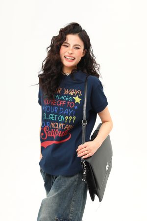 Women's American Retro Letter Print Round Neck T-Shirt - Casual Short Sleeve Summer Top - Trendy 90s Style