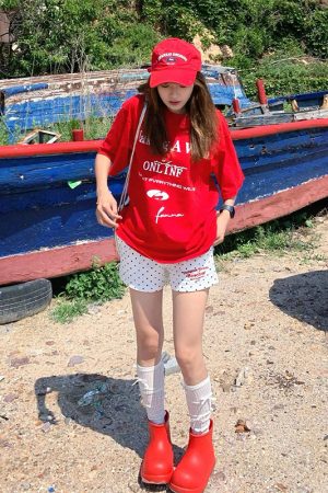 Women's American Retro Letter Print T-Shirt, Heavyweight Cotton Short Sleeve, Trendy Clean Fit Red Top for Summer Style