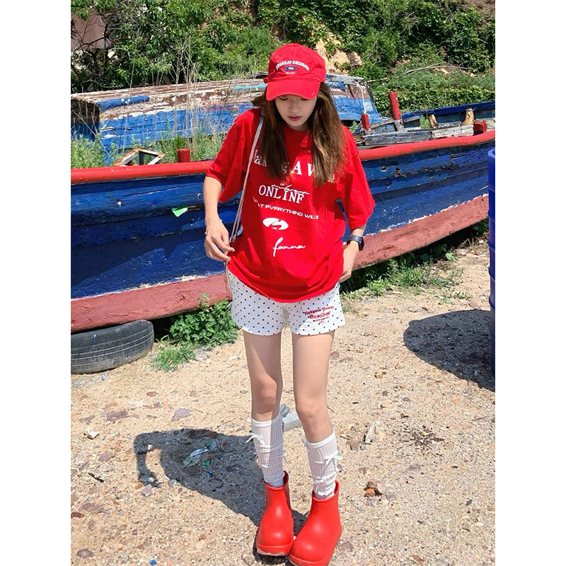 Women's American Retro Letter Print T-Shirt, Heavyweight Cotton Short Sleeve, Trendy Clean Fit Red Top for Summer Style Women's American Retro Letter Print T-Shirt, Heavyweight Cotton Short Sleeve, Trendy Clean Fit Red Top for Summer Style