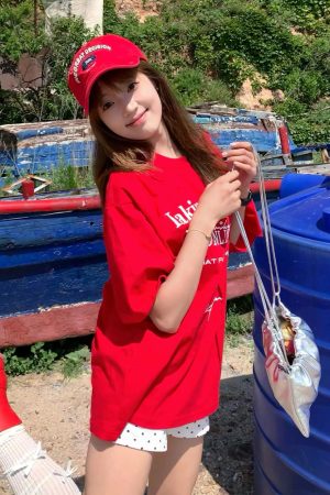 Women's American Retro Letter Print T-Shirt, Heavyweight Cotton Short Sleeve, Trendy Clean Fit Red Top for Summer Style