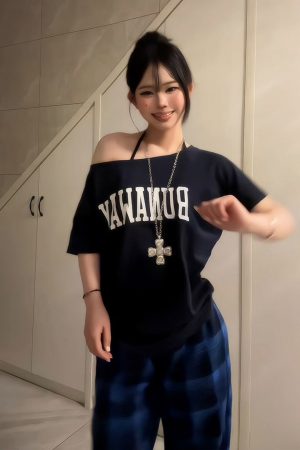 Women's American Retro Off-Shoulder T-Shirt, Summer Letter Print, Loose Slimming Short Sleeves, Trendy Shoulder-Baring Top