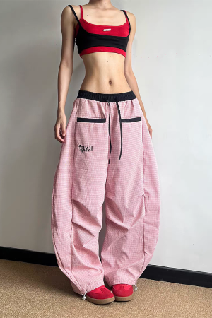Women's American Retro Pink Striped Wide-Leg Pants - Summer 2025 Casual Curved Knife Street Style