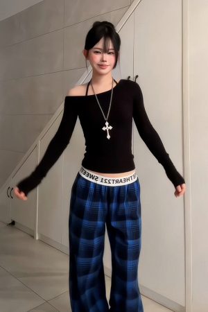 Women's American Retro Plaid Casual Wide-Leg Pants with Letter Belt, Draped Floor-Length Trousers, Loose Fit Fashion Trousers