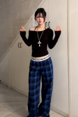Women's American Retro Plaid Casual Wide-Leg Pants with Letter Belt, Draped Floor-Length Trousers, Loose Fit Fashion Trousers