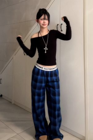 Women's American Retro Plaid Casual Wide-Leg Pants with Letter Belt, Draped Floor-Length Trousers, Loose Fit Fashion Trousers