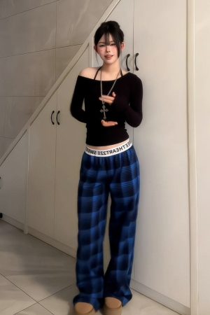 Women's American Retro Plaid Casual Wide-Leg Pants with Letter Belt, Draped Floor-Length Trousers, Loose Fit Fashion Trousers