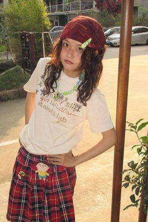 Women's American Retro Shoulder T-Shirt - Summer White Ink Print, Loose Casual Top, Round Neck Short Sleeve, Trendy Summer Fashion